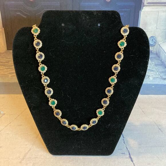 0040 Ann Taylor Gold Tone Necklace w/Green & Blue Faceted Stones & Rhinestones - Picture 1 of 4